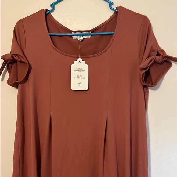 Pink Rose Rust Dress with Tie Sleeves size small. Color is ginger root. New - Picture 2 of 6